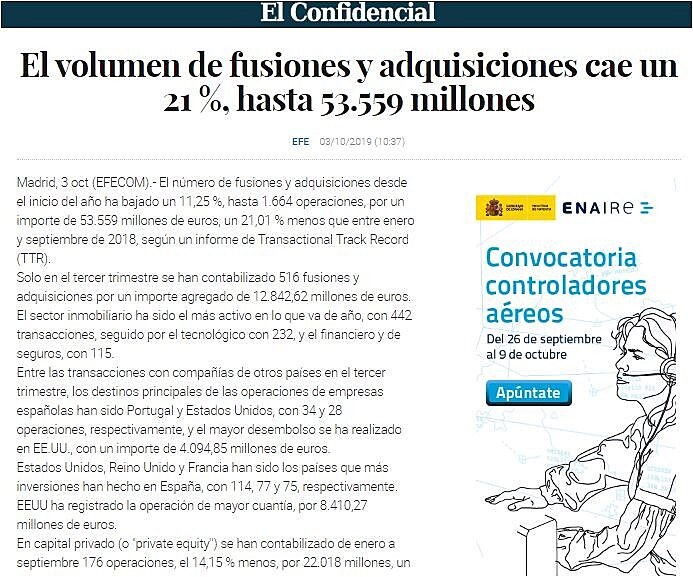 El volumen de fusiones y adquisiciones en Espaa cae un 21% hasta septiembre